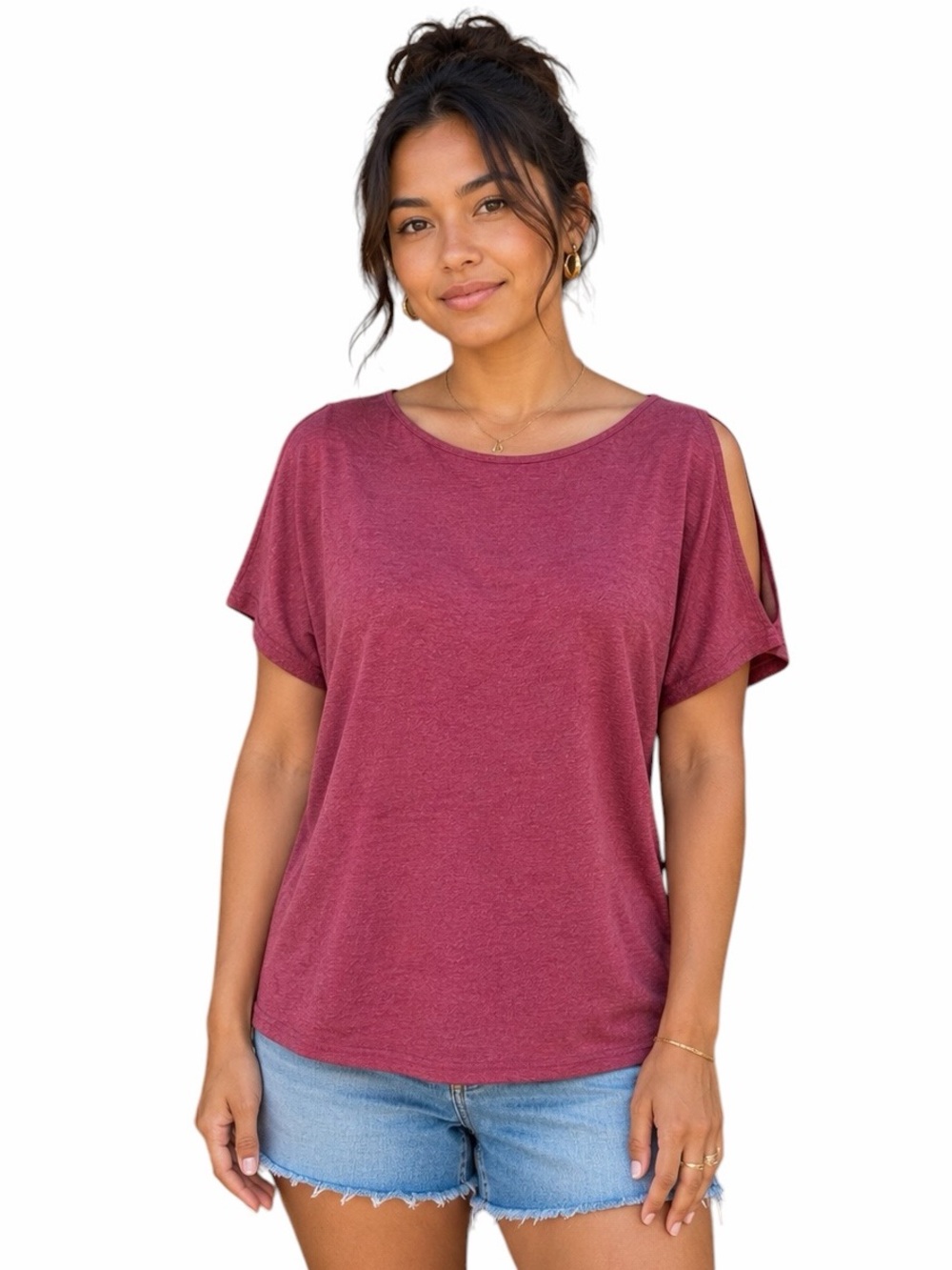 Colette Small Heathered Burgundy Knit Top Bateau Neckline Split Short Sleeves